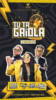 the flyer for an event with two people in yellow jackets and sunglasses, standing next to each