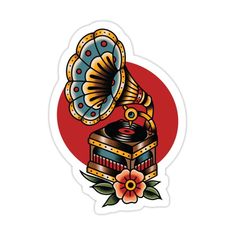 a sticker with an old record player and flowers on the bottom, in front of a red circle