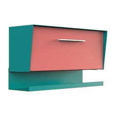 a pink and blue box with a handle on it's side, sitting on top of a shelf