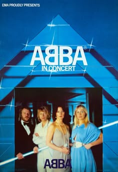 an advertisement for abra in concert with two women and one man standing next to each other