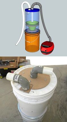 two different types of buckets with lids and hoses attached to the top one