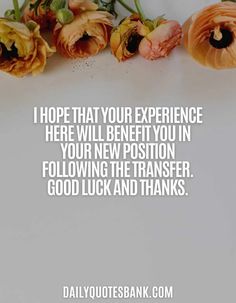 flowers with the words, i hope that your experience here will benefit you in your new position following the transferer good luck and thanks