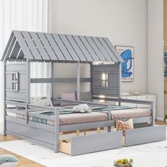 Twin Size House Platform Beds With Two Drawers For Boy And Girl Shared Beds, Combination Of 2 Side By Side Twin Size Beds Platform Bed With Drawers, Side Bed, Shared Bedroom, Platform Beds, Mdf Frame, Functional Space, Bed With Drawers, Twin Size Bedding, House Bed