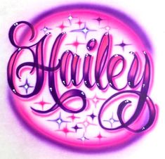 the name harley written in neon pink and purple ink on a white background with stars