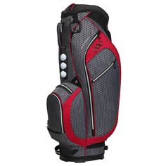 a grey and red golf bag