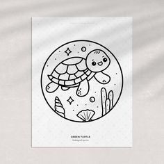 a black and white drawing of a turtle swimming in the ocean with stars on it