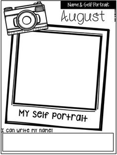 a coloring page with an image of a camera and the words, my self portrait can write