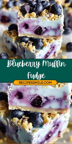 three blueberry muffin fudge bars stacked on top of each other with fresh berries