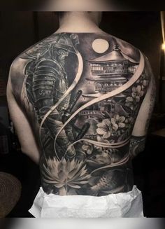 the back of a man's body with tattoos on it