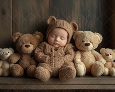 a baby is sleeping between two teddy bears on a shelf in front of a wooden wall