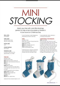 the crochet pattern for mini stocking is shown in blue and white colors