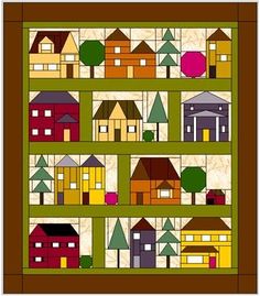 a quilt with houses and trees on it