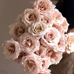 a woman holding a bouquet of pink roses