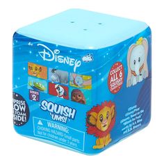 the disney squish cube is blue and has various pictures on it