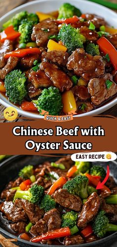 chinese beef with oyster sauce in a skillet on a wooden table and an image of broccoli