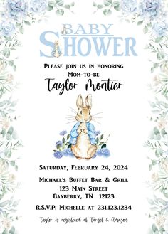 Peter Rabbit Baby Shower Invitation Baby Shower Peter Rabbit Theme, Exclusive Invitation, Stork Baby Showers, Vintage Baby Shower, Rabbit Baby, Matching Baby, Baby Gift Basket, White Cover, Photo Processing