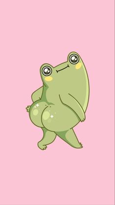 a green frog with big eyes standing on its hind legs in front of a pink background