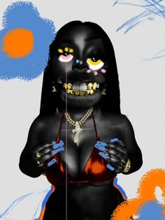 an image of a woman in black with yellow eyes and gold jewelry on her chest