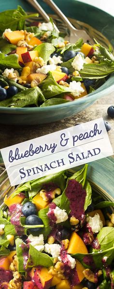 blueberry and peach spinach salad on a plate with a sign that says, blueberry & peach spinach salad