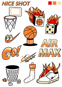 an image of various sports related items on a white background with the words nice shot