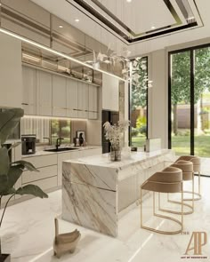 a modern kitchen with marble counter tops and stools in front of large glass windows