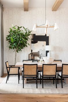 a dining room table with chairs and a potted plant