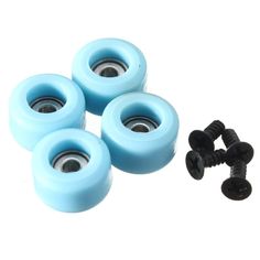 four blue skateboard wheels and screws on a white background