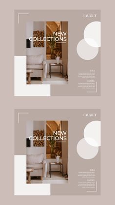 two brochures with white furniture in the middle and beige walls on each side