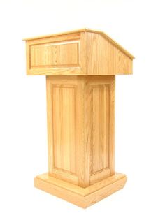 a small wooden podium on a white background