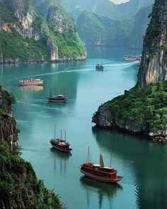 several boats floating on the water near some mountains and trees in the foreground with green foliage