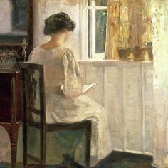 a painting of a woman sitting on a chair in front of a window looking out the window