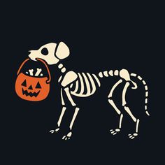 a skeleton dog with a trick bag in its mouth, on a black background illustration