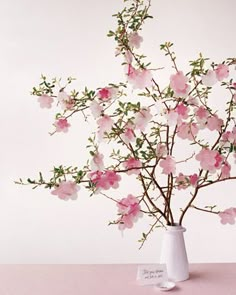 a white vase filled with pink flowers on top of a table