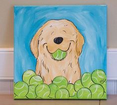 a painting of a dog holding a tennis ball in its mouth and surrounded by tennis balls