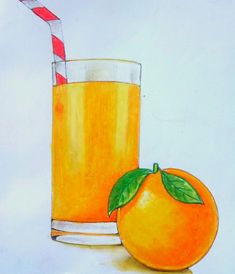 a drawing of an orange next to a glass with a red and white striped straw