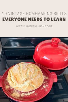 a red plate with a baked item on it and the words 10 vintage homemaking skills everyone needs to learn