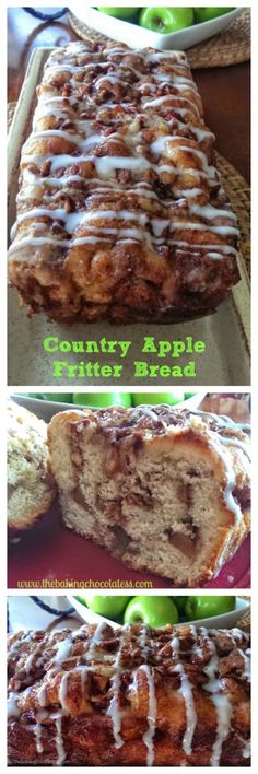 an apple cinnamon roll with icing and apples in the background