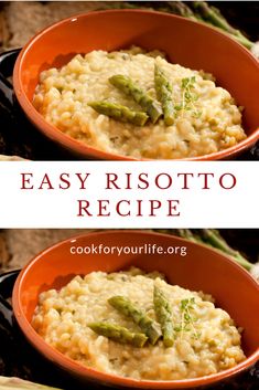 two orange bowls filled with risotto and asparagus next to the words easy risotto recipe