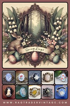 Our pin shows a vintage style Easter forest scene. Check out our lovely egg shaped semi-precious mineral and vintage style cameos from Ragtrader Vintage. Hunt though our Easter basket full of adjustable rings and matching lockets, earrings, and bracelets on our website or Etsy shop. Each purchased item will come gift boxed ready to place in your loved ones Easter Basket. Matching Lockets, March Birthday, Natural Stone Jewelry, Coastal Cowgirl, Easter Outfit, Ring Stacking