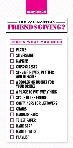 a pink and white checklist with text that says, are you hosting friends giving?