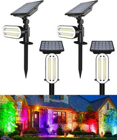 three different types of solar powered lights in front of a house with the same color