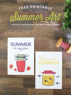 two cards with the words summer art on them and a potted plant next to it