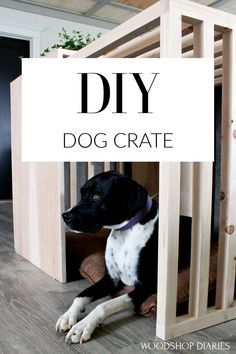 a black and white dog sitting in front of a wooden crate with the words diy dog crate on it