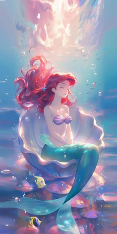 the little mermaid is sitting on top of an under water surface with her hair blowing in the wind