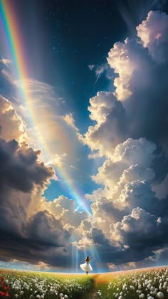 a person standing in a field under a rainbow filled sky with clouds and sunbeams