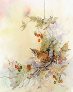 a watercolor painting of a bird on a branch with berries