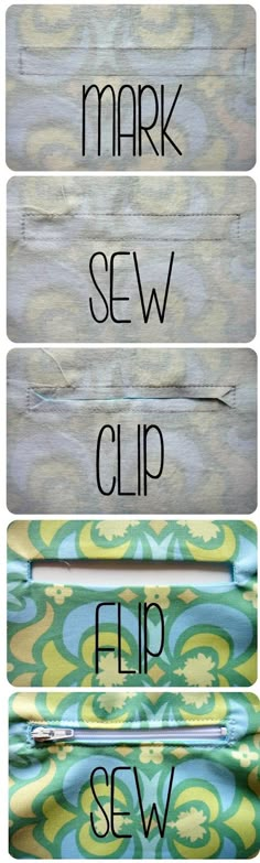 the words mark sew, clip and flip sew are in different font styles