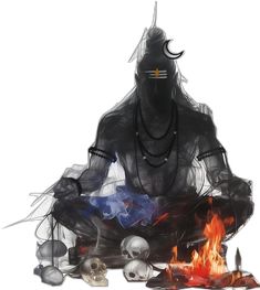 a person sitting in the middle of a fire with skulls around them and other items