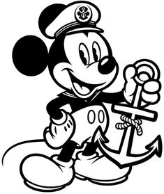 mickey mouse holding an anchor and wearing a sailor's hat, black and white