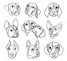 six different types of dogs'heads in black and white, each with their own face